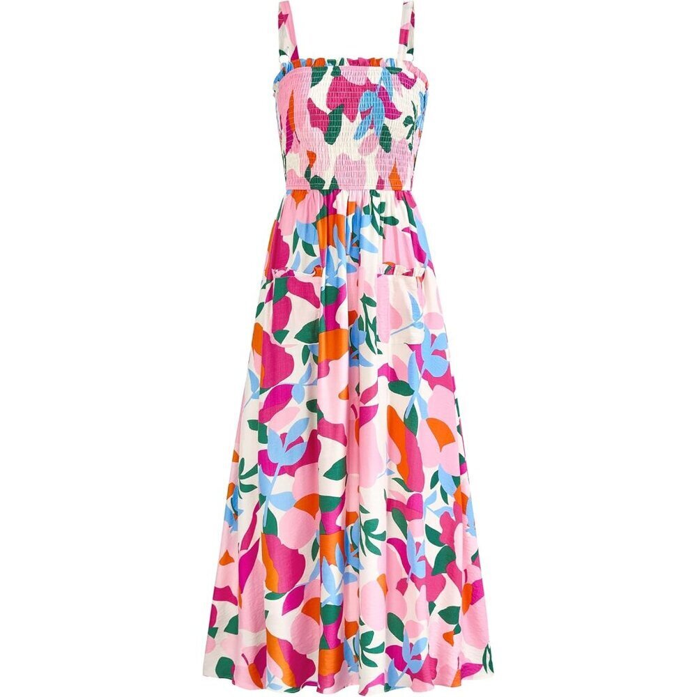Women's Summer Floral Maxi Dress Smocked Ruffle Pockets Casual Dress
